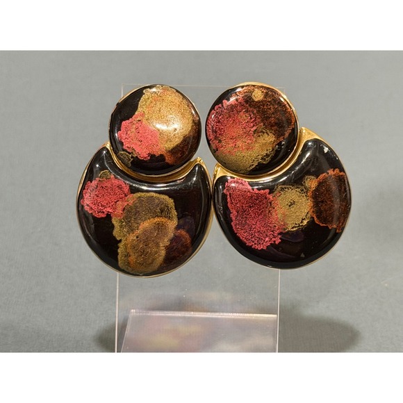 Vintage Enamel Articulated Drop Earrings Black Multi Color Gold Tone 80s Retro - Picture 2 of 6